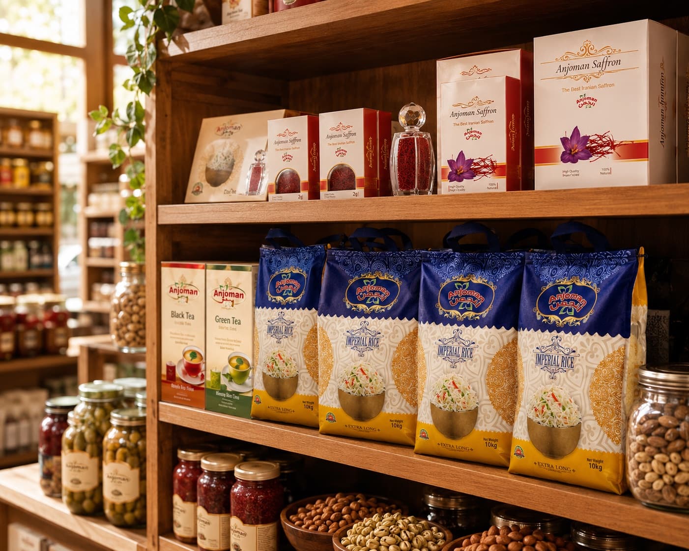 Anjoman products on the shelves of a Middle-Eastern grocer