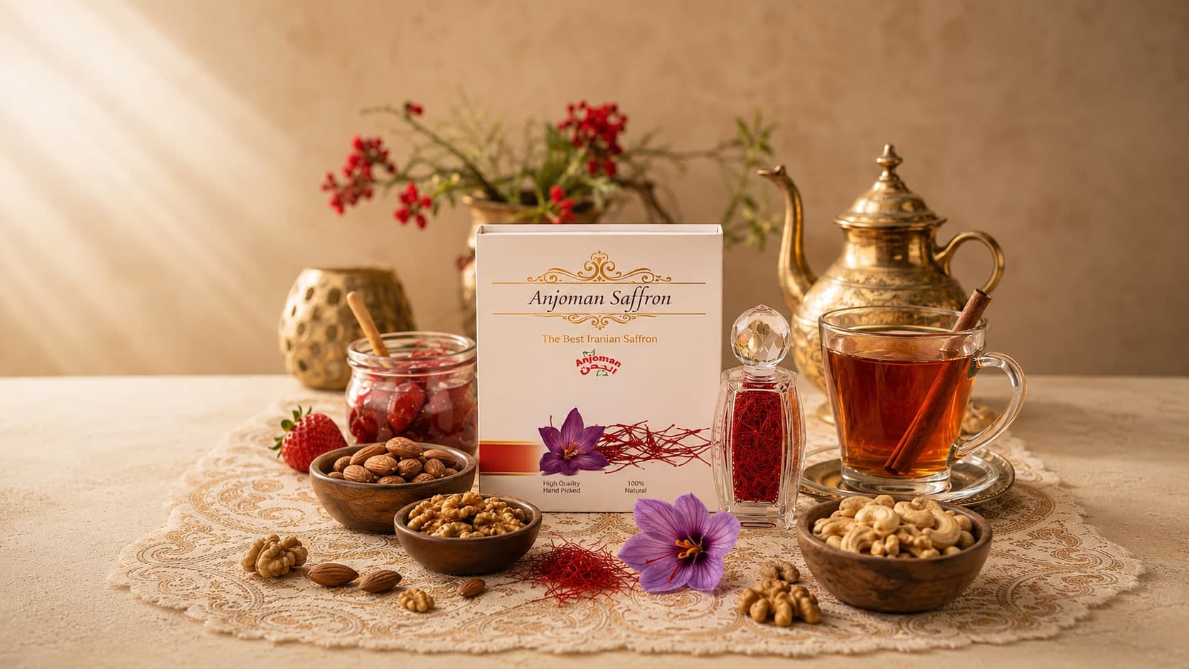 Anjoman Saffron box with saffron threads, tea, nuts and a fresh crocus flower