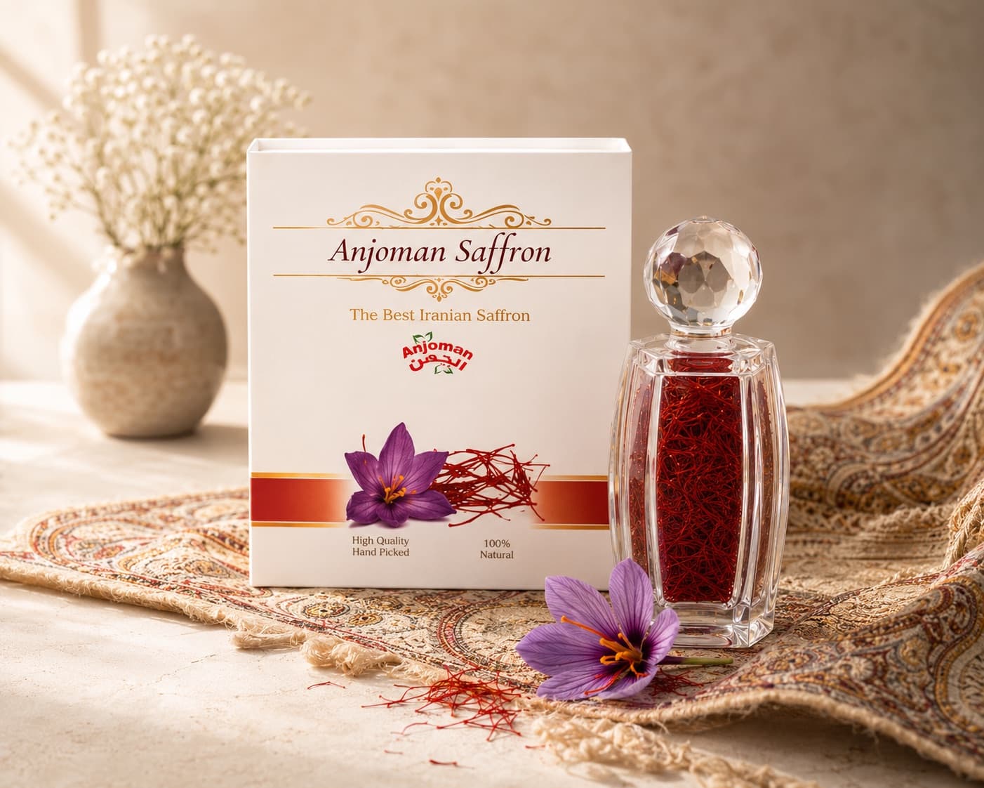 Anjoman Saffron gift box with a crystal jar of saffron threads and a fresh crocus flower